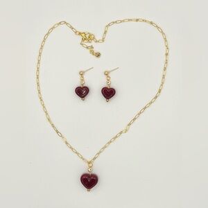 Handmade Lampwork Red Heart Necklace & Earring Set with Crystal Accents